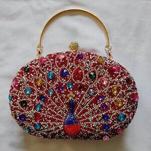 Evening Rhinestone Peacock Purse Clutch Red